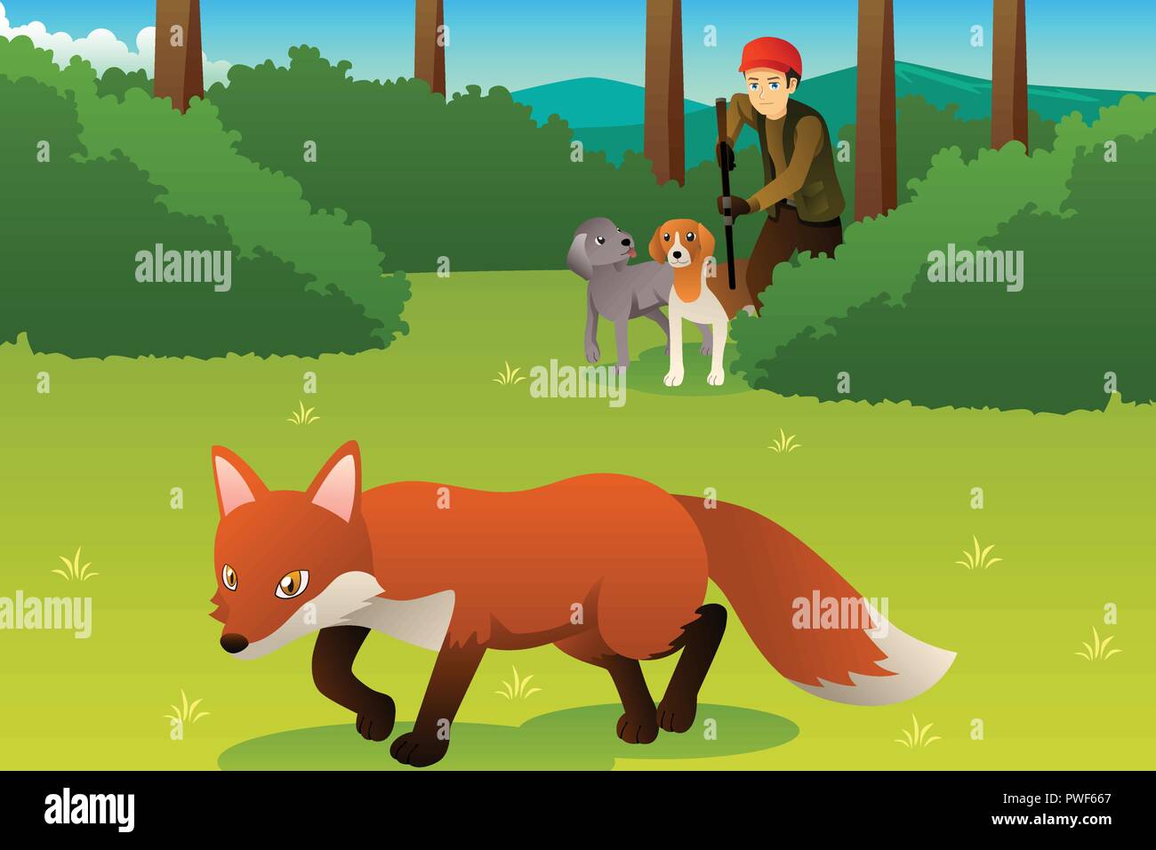 Ein Vektor Abbildung: Jäger mit seinen Hunden die Jagd ein Fuchs Stock Vektor