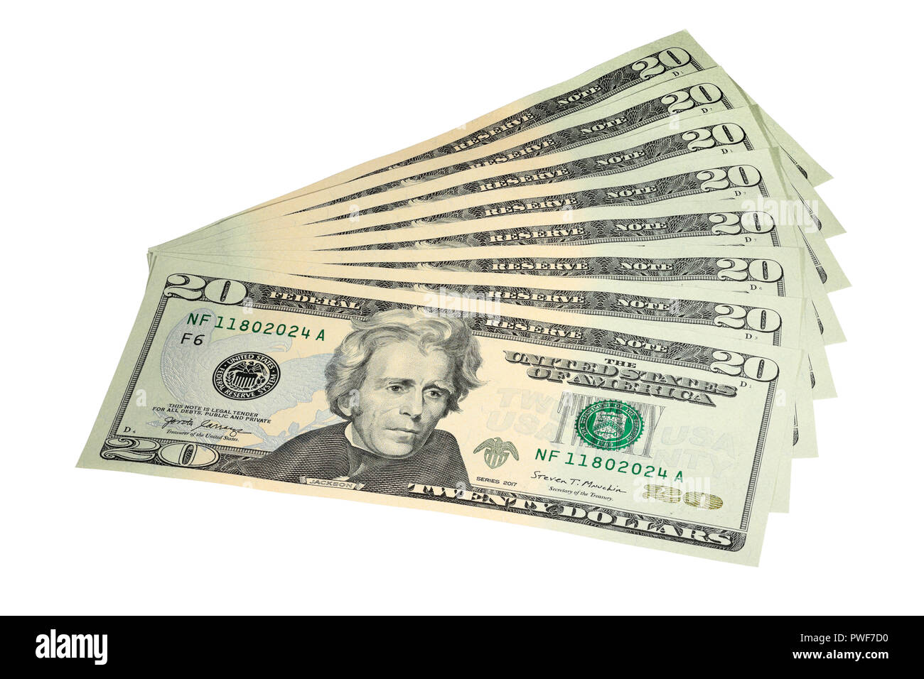 Ein Fan von $ 20 Rechnungen auf weißem Hintergrund Stockfoto