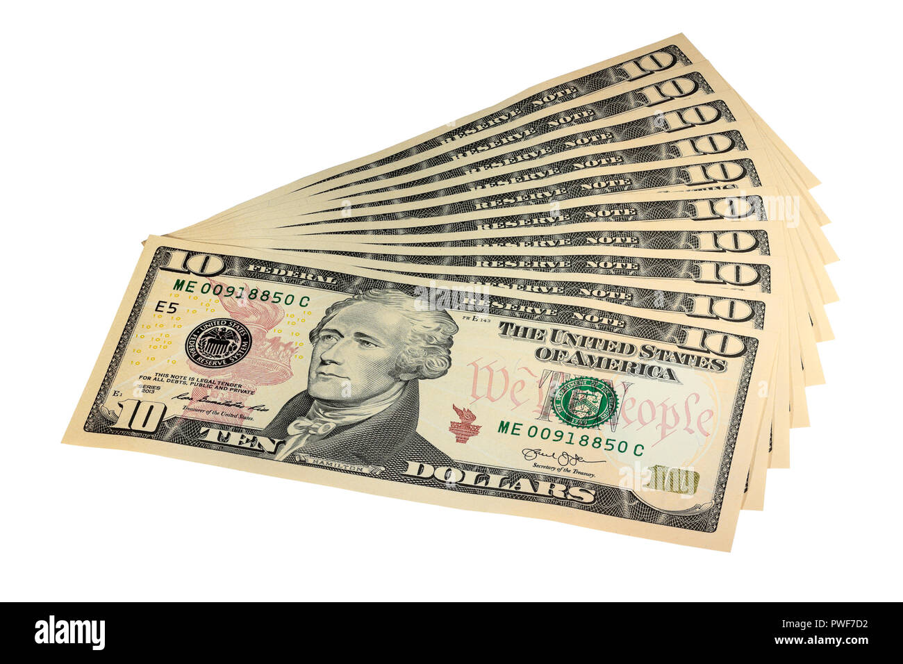 Ein Fan von $ 10 Rechnungen auf weißem Hintergrund Stockfoto
