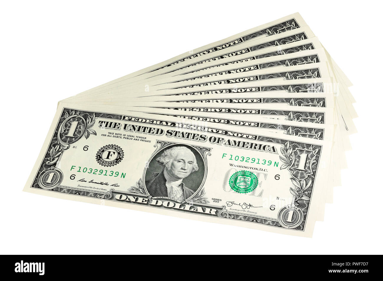 Ein Fan von $ 1 Rechnungen auf weißem Hintergrund Stockfoto