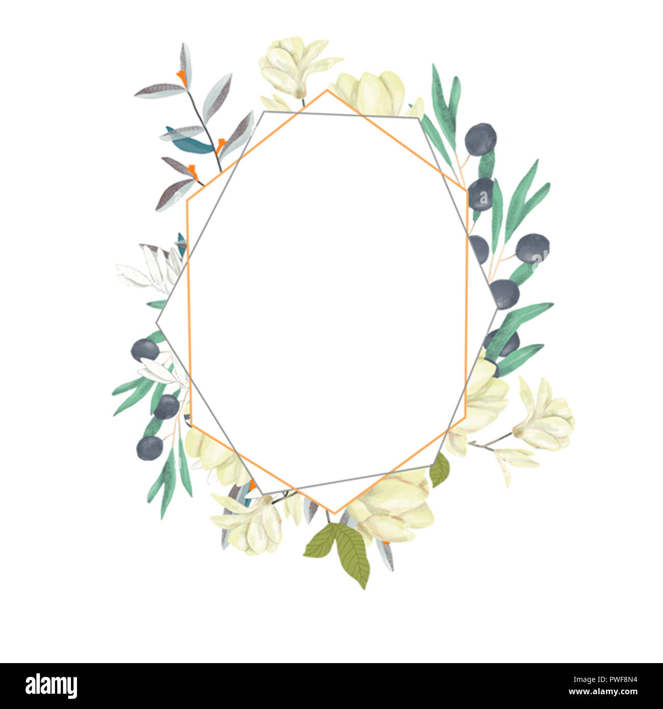 Hochzeit Einladung, floral einladen Karte, Olive floralen und Magnolia  geometrische goldene Rahmen drucken. Weißer Hintergrund Stockfotografie -  Alamy