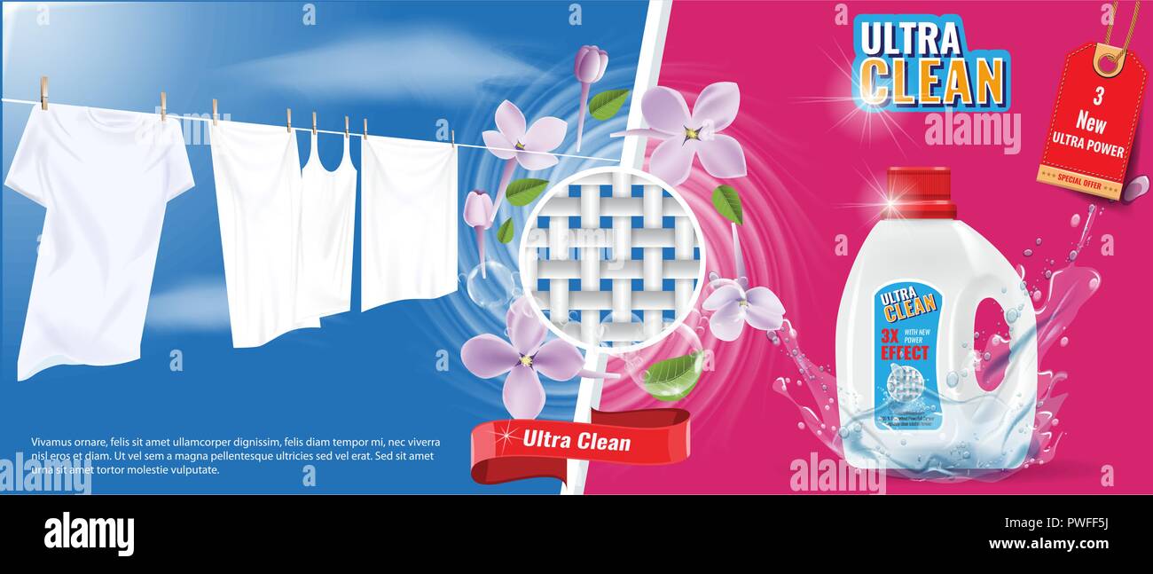 Waschmittel Werbung Schablone mit Spritzwasser, weiße Kleider und schöne  Blumen. High Ausführliche Vector Illustration Stock-Vektorgrafik - Alamy