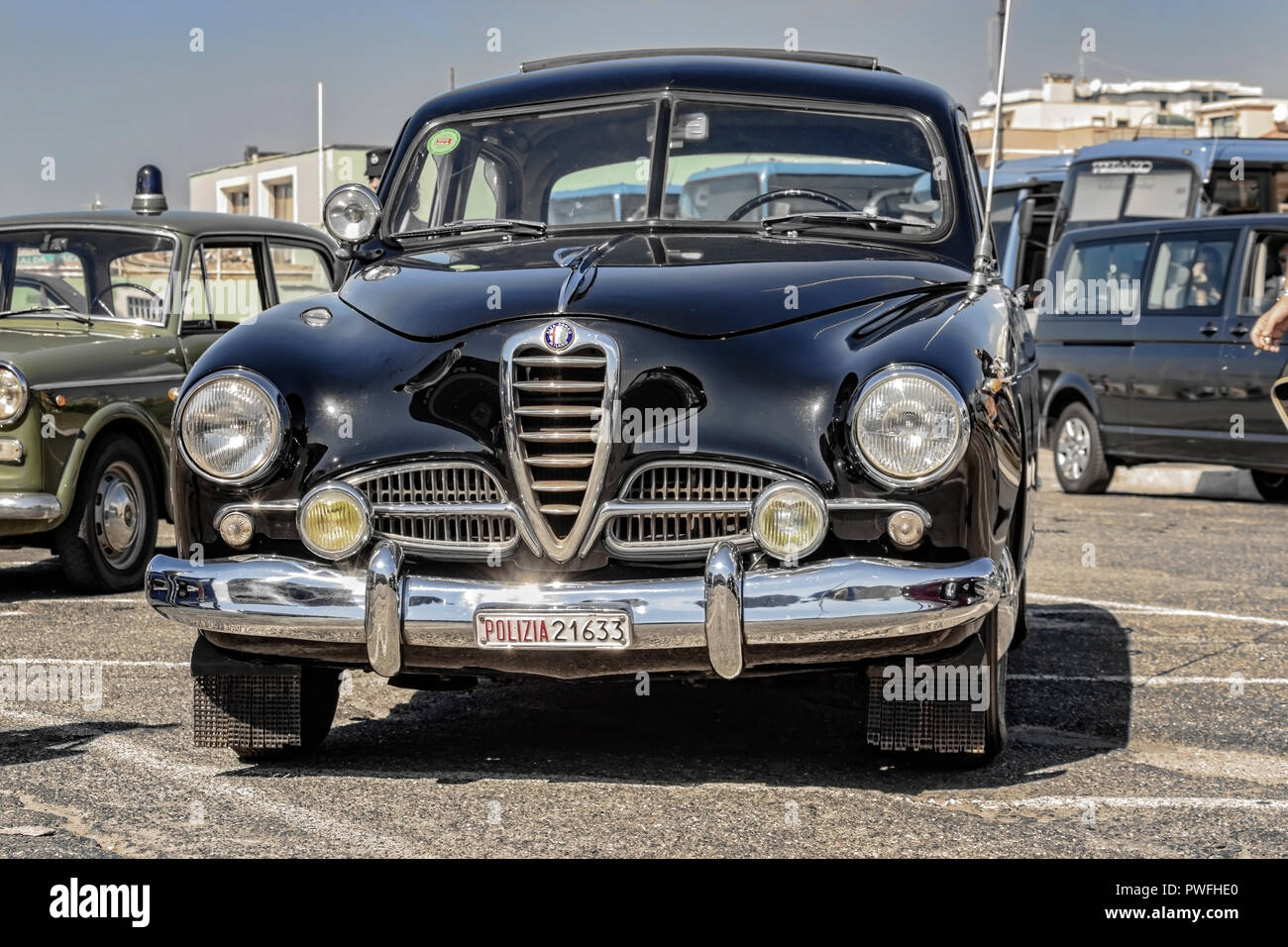 Lido-Rome Ostia, Italien. Alfa Romeo Super 1900 Jahr 1957, Vintage italienische Polizei Auto Stockfoto