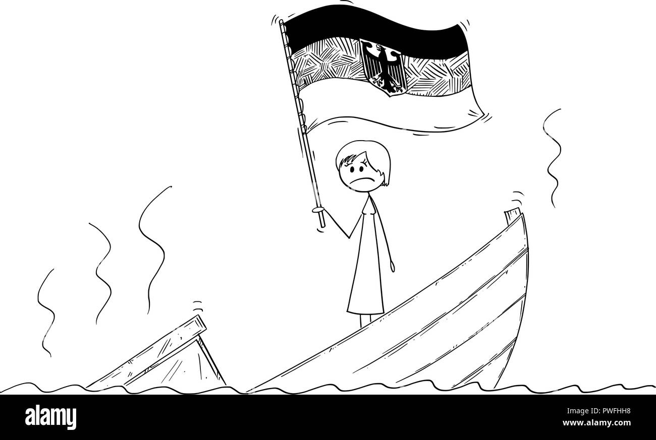 Cartoon von Weiblichen oder Frau Politiker oder Bundeskanzler ständigen Deprimiert auf sinkendes Boot winken die Flagge der Bundesrepublik Deutschland Stock Vektor