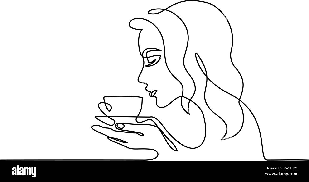 Kontinuierliche eine Linie zeichnen. Abstract portrait Nahaufnahme der hübsche junge Frau riecht Kaffee Kaffee. Vector Illustration Stock Vektor