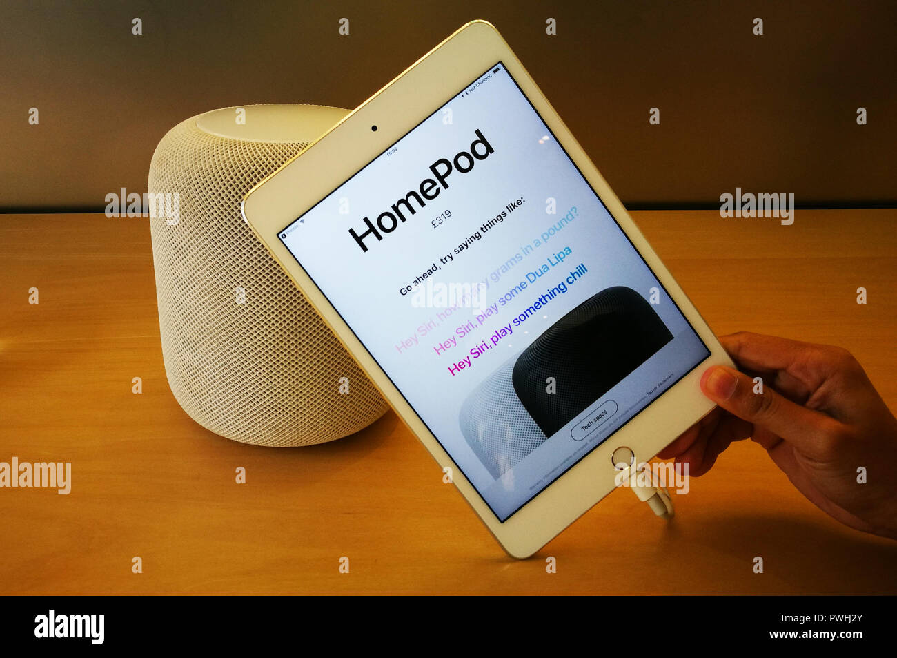 Apple home Pod mit dem Ipad, 2018 Serie. Stockfoto