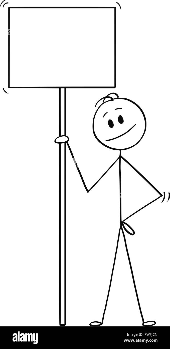Cartoon von lächelnden Mann, groß und hoch leer Zeichen bereit für Ihren Text Stock Vektor