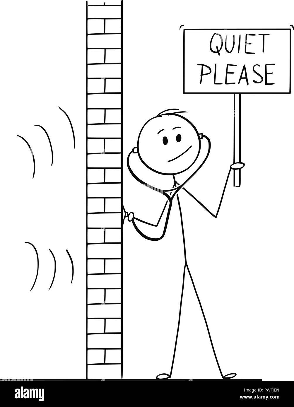 Cartoon von Mann mit Stethoskop oder Phonendoscope Auszuspionieren und Halten ruhig Bitte melden Sie sich Stock Vektor