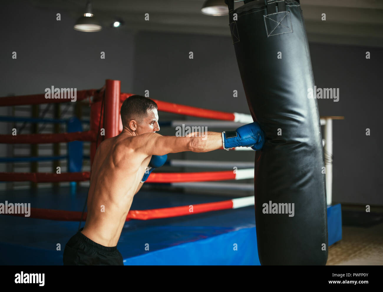 Männliche Boxer schlagen Boxsack ein Boxing Studio. Sport Training Konzept Stockfoto