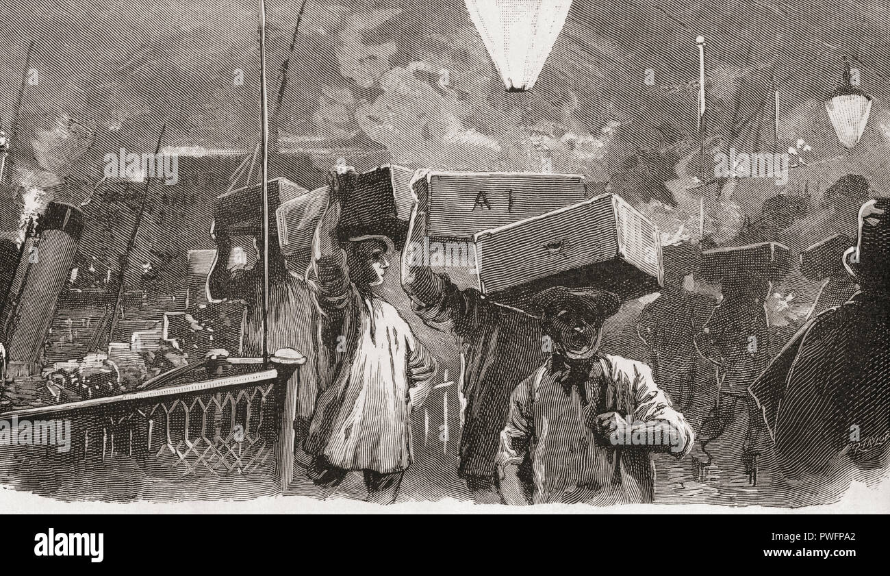 5 UHR Billingsgate Fish Market, London, England im 19. Jahrhundert. Dieser Markt im Jahr 1877 geöffnet wurde und sich die Fische in den Booten war die offene River Front gebracht und in Körben oder Kisten landete, war es zuerst an den Großhandel verkauft und dann die Händler. Von London Bilder, veröffentlicht 1890. Stockfoto