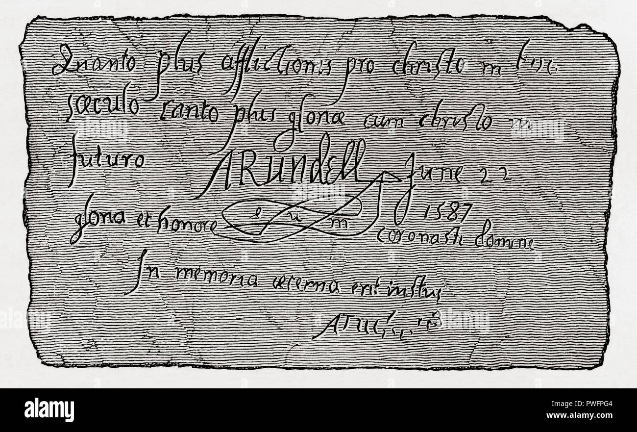 Antike lateinische Inschrift im Beauchamp Tower, Tower of London, London, England, von Philip Howard, Earl of Arundel schnitt in 1587, lautet also: "Je mehr Elend wir für Christus in diese Welt ertragen, die mehr Herrlichkeit, die wir mit Christus in der Welt zu erhalten." Aus London Bilder, veröffentlicht 1890. Stockfoto