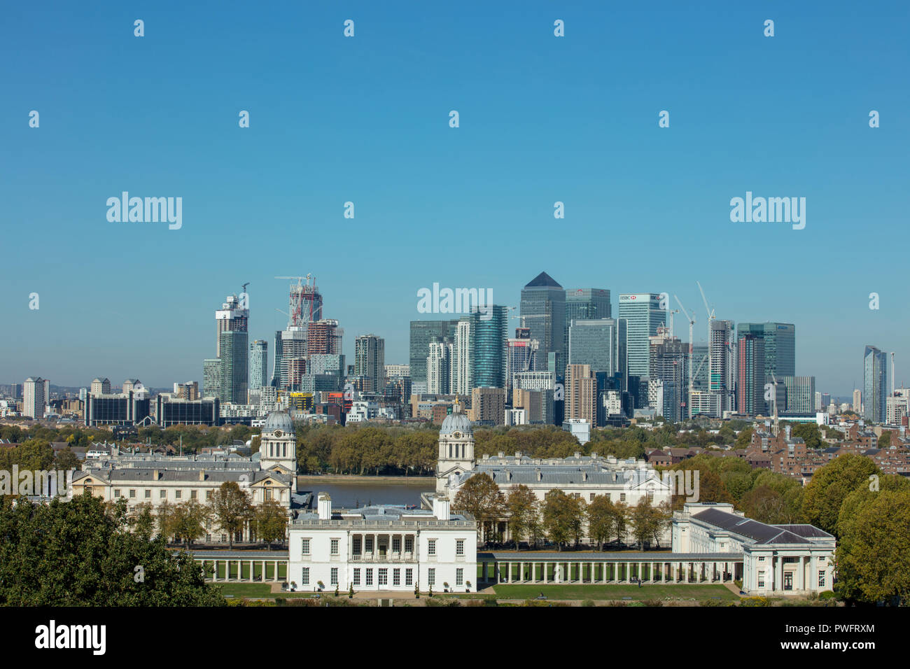 Allgemeine Ansicht des Canary Wharf Finanzdistrikts von Greenwich. Stockfoto