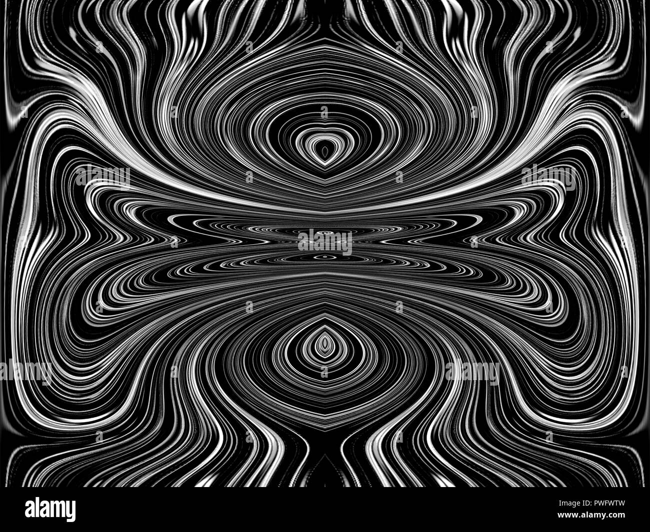 Schwarze und weiße Linien und Kurven erzeugt fantastische Bilder. Abstrakte Malerei - psychedelische Bilder. Stockfoto