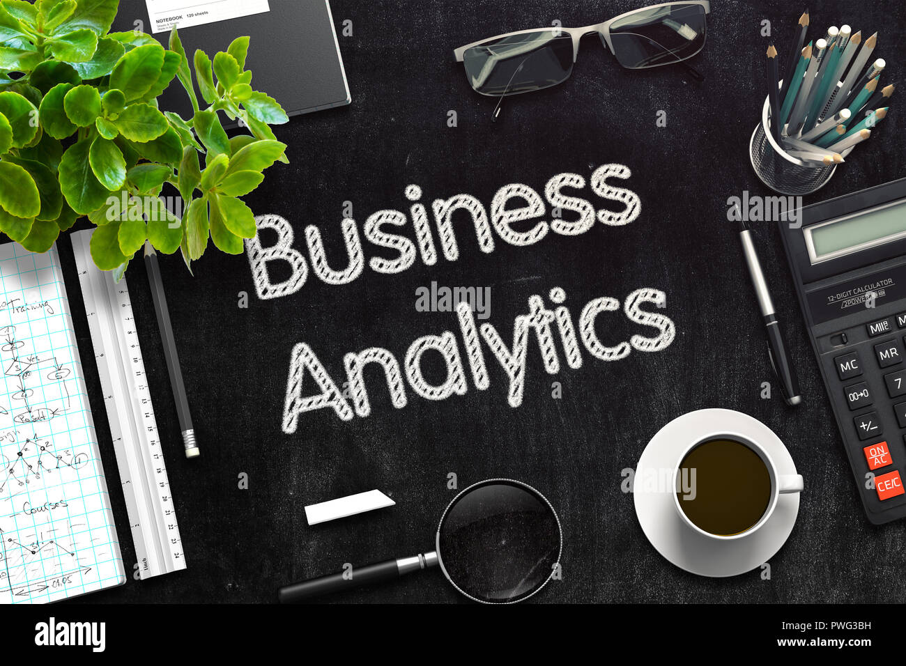 Schwarze Schiefertafel mit Business Analytics. 3D-Rendering. Stockfoto