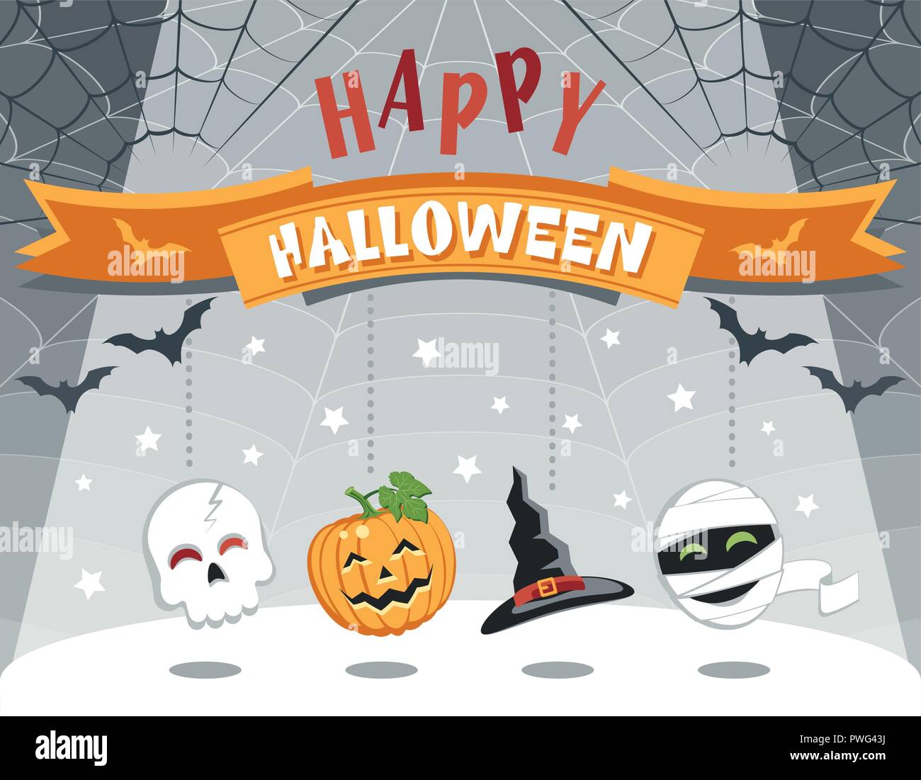 Happy Halloween. Farbige Grusskarten mit lustigen Comicfiguren. Flache Bauform. Vector Illustration. Stock Vektor