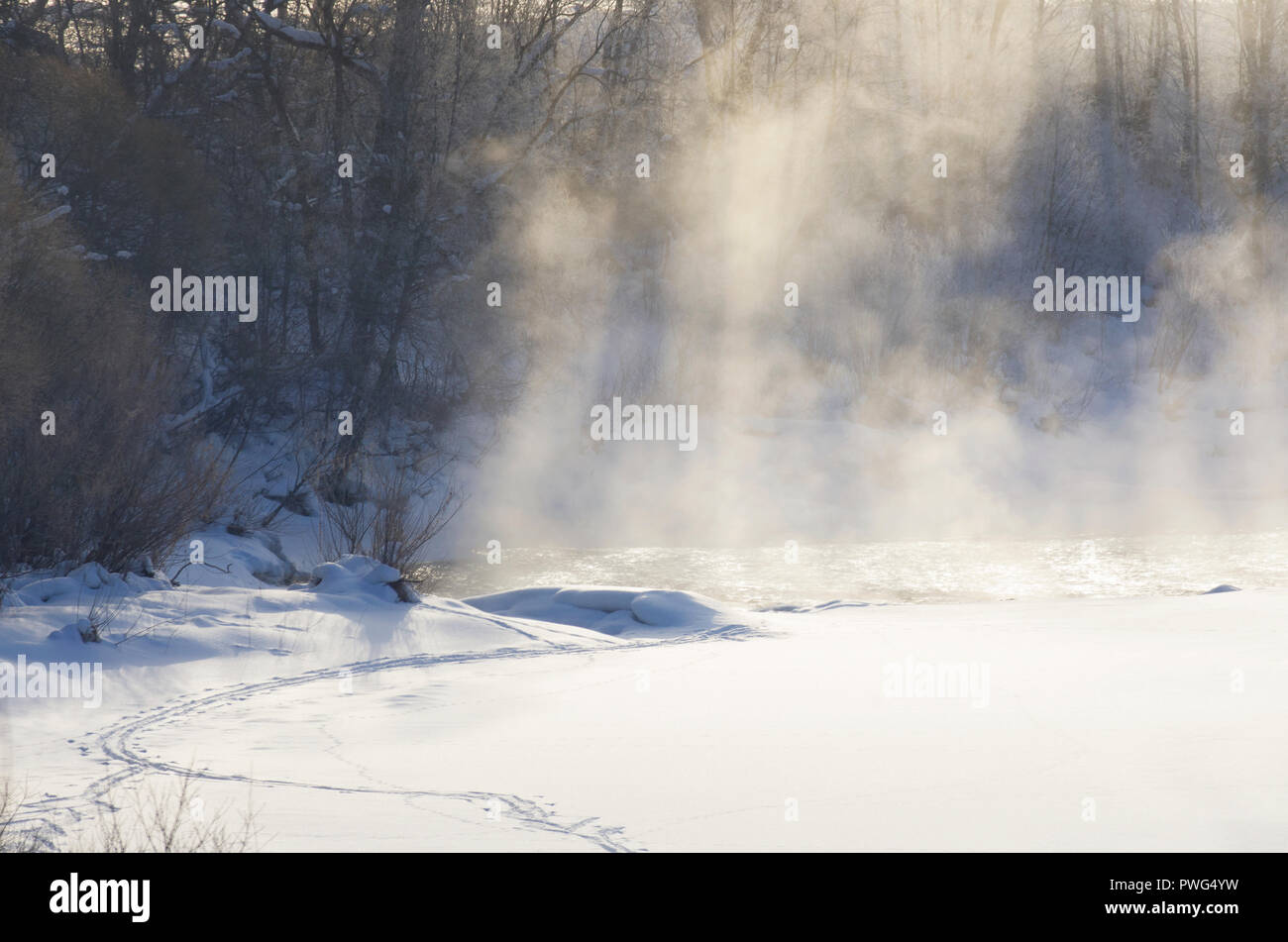 Nebel über dem Fluss mit schönen Sonnenlicht an einem frostigen Morgen mit einem Pfad auf weißem Schnee im Winter Stockfoto