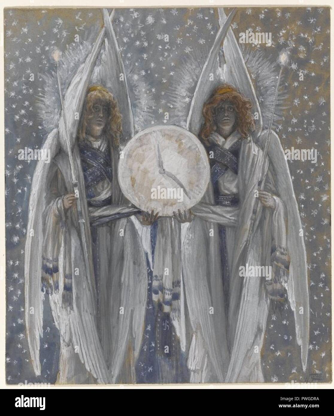 Engel Holding eine DFÜ mit Angabe der verschiedenen Stunden der Rechtsakte der Leidenschaft - James Tissot. Stockfoto