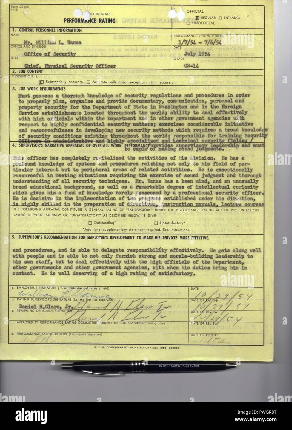 Bud Uanna State Department Performance Rating Juli 1954 S. 1. Stockfoto