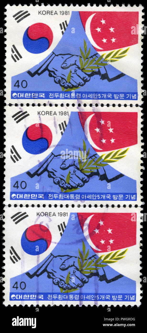 Postmarked Briefmarken aus Südkorea in der Präsident Besuch der ASEAN-Länder in der Serie 1981 Stockfoto