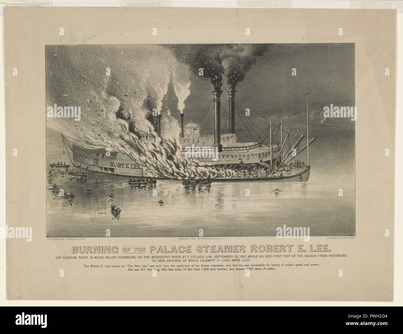 Brennen der Palace Steamer Robert E. Lee - Weg von Yucatan, 35 Meilen unterhalb Vicksburg, Mississippi River, bei 3 Uhr, Uhr, September 30, 1882, während auf ihrer ersten Reise des Stockfoto