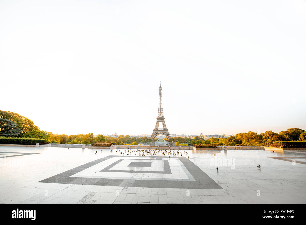 Landschaft Blick auf den Eiffelturm von Trocadero Platz während der Sunrise in Paris Stockfoto