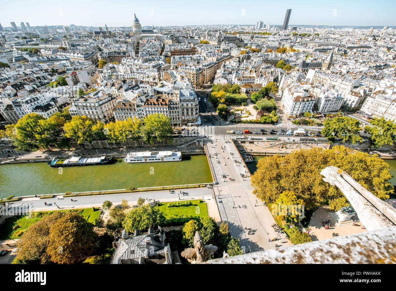 Antenne Panoramablick auf Paris aus der Kathedrale Notre-Dame im Morgenlicht in Frankreich Stockfoto