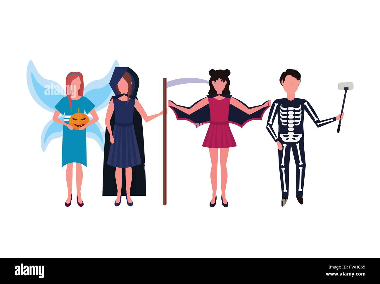 Frau Mann mit verschiedenen Kostümen zusammen happy halloween Konzept isoliert männlich weiblich Zeichentrickfigur in voller Länge waagrechten Stock Vektor