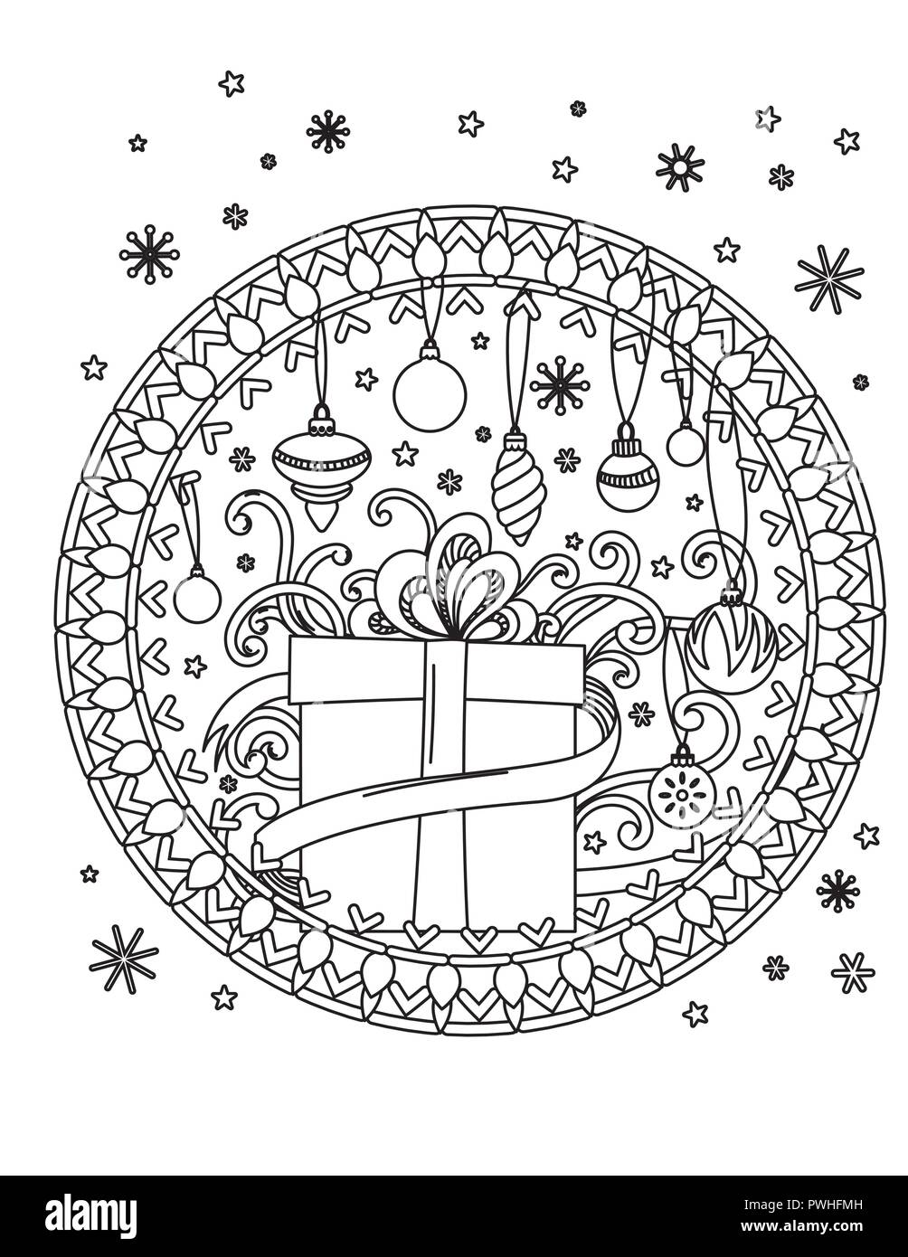 Weihnachten mandala Färbung Seite. Nach Malbuch. Urlaub Dekor, Geschenke, Kugeln und ribbond. Hand Vector Illustration gezeichnet. Stock Vektor