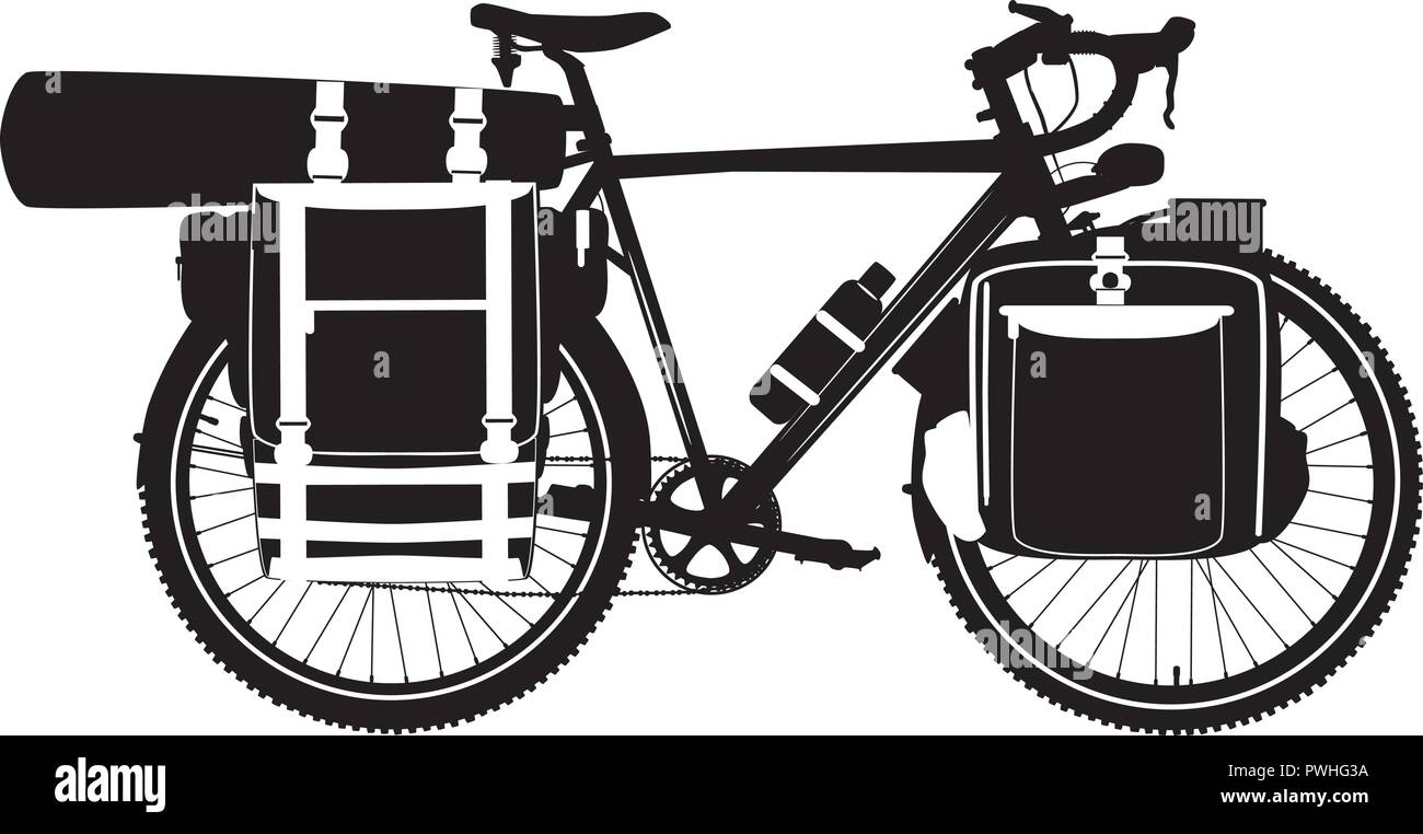 Vector Illustration von bikepacking touring Bike schwarze Silhouette Stock Vektor