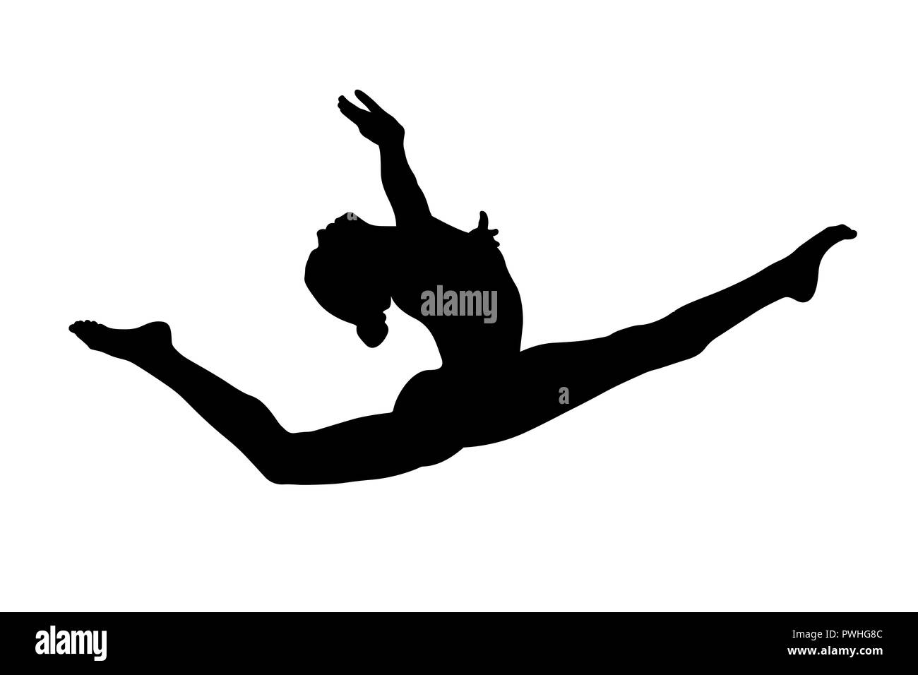 Anmutige split Sprung weiblichen Turnerin in der künstlerischen Gymnastik Stockfoto
