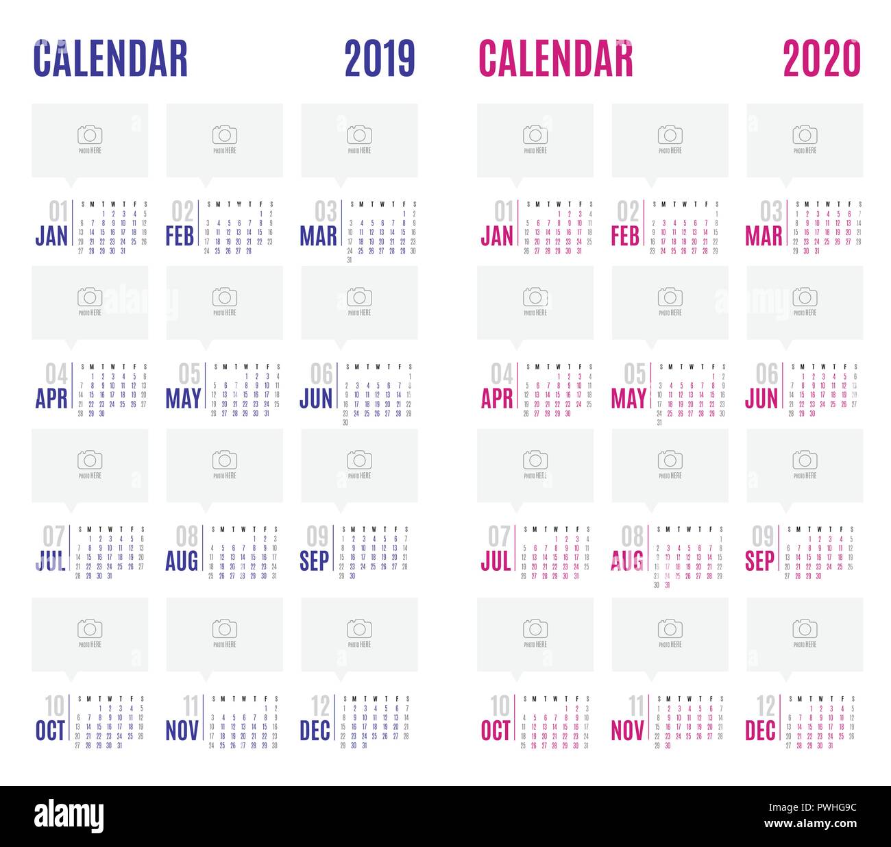 Vektor Kalender 2019 Blau und Rosa 2020 neue Jahr moderne, einfache Design, Mock up Vorlage zum Hinzufügen Ihrer Foto-, Holiday Event Planner, Woche beginnt Sonntag Stock Vektor