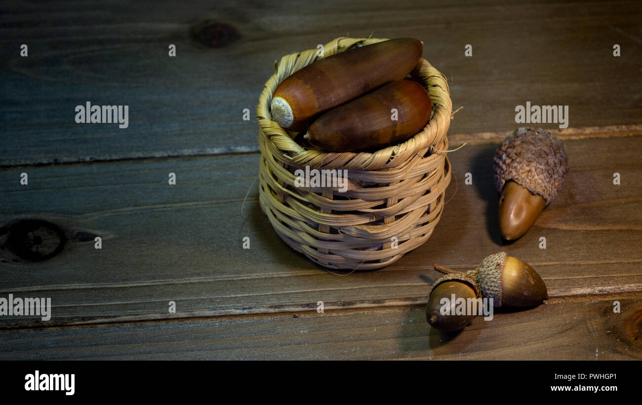 Sortierte Eicheln aus Kalifornien in einem kleinen Korb und auf Holztisch - Herbst noch leben Zusammensetzung Stockfoto