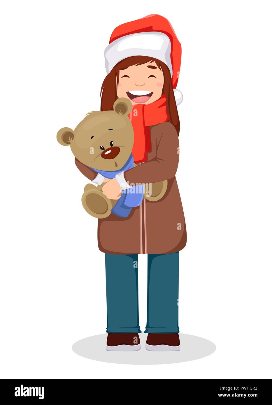 Frohe Weihnachten. Süße Mädchen in Santa Claus hat Holding Teddybär, cartoon Charakter. Verwendbar für Grußkarten, Plakat, Flyer. Vector Illustration auf w Stock Vektor