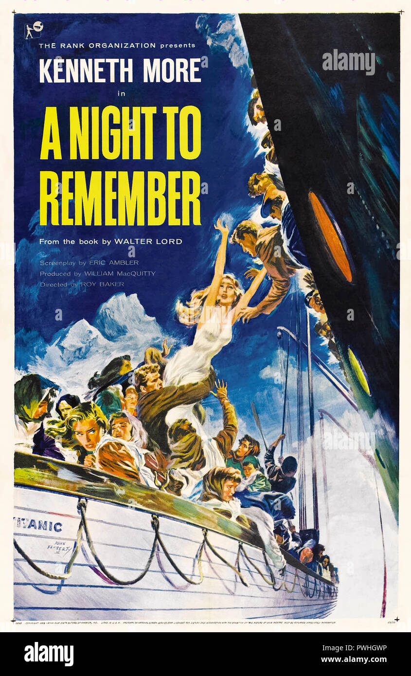 Eine Nacht zu erinnern (1958) unter der Regie von Roy Ward Baker und starring Kenneth Mehr, Ronald Allen, Robert Ayres und Ehre Blackman. Die wahre Geschichte der RMS Titanic auf seiner Jungfernfahrt im April 1912 sinken. Stockfoto