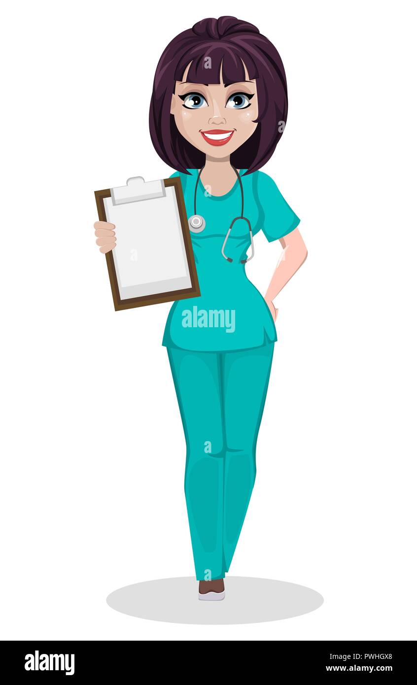 Tierarzt Frau. Cute cartoon Charakter, Professional Female Tierarzt Arzt holding Zwischenablage. Vector Illustration auf weißem Hintergrund. Stock Vektor