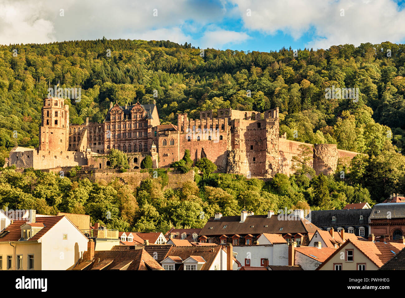 Ruinen der Burg über den Dächern der Heidelberger Altstadt Stockfoto