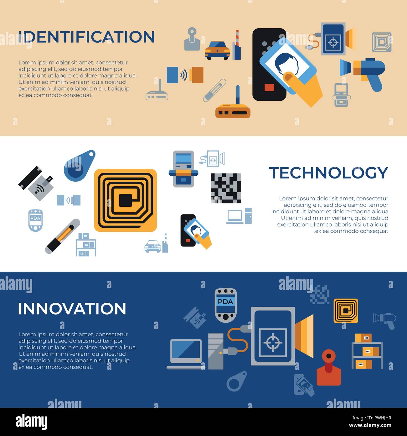 Digitale Vektor rfid radio frequency identification Chips einfache Symbole set collection Flat Style Infografiken Stock Vektor
