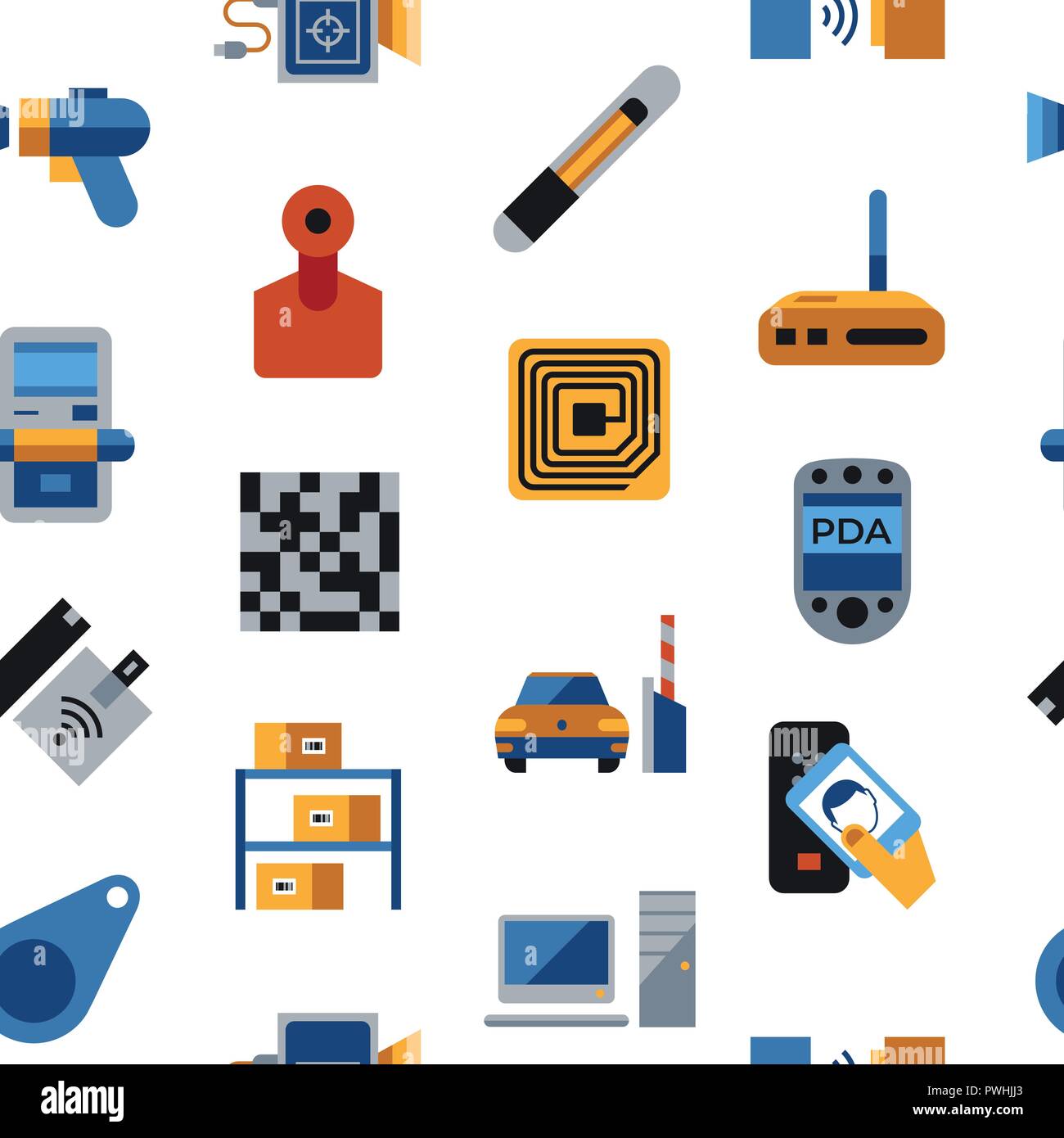 Digitale Vektor rfid radio frequency identification Chips einfache Symbole set collection Flat Style Infografiken, nahtlose Muster Stock Vektor