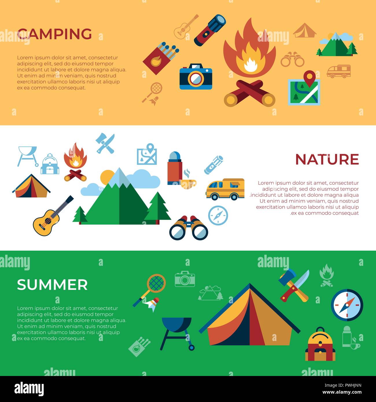 Digitale vektor Sommer Camping Reisen und Sport Aktivitäten einfache Symbole Sammlung Flat Style Infografiken eingestellt Stock Vektor