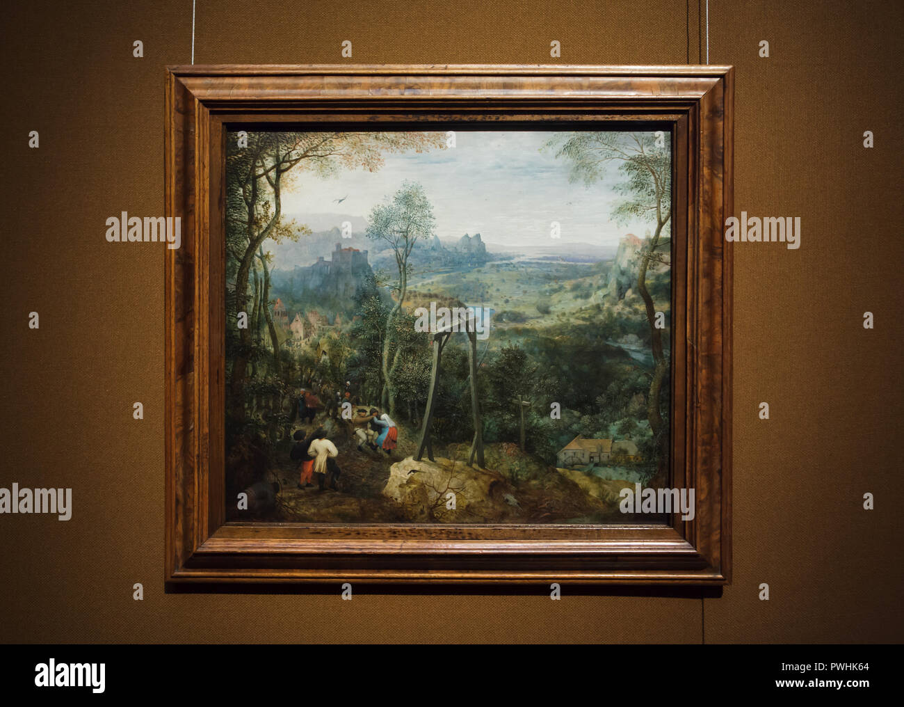 Gemälde "Die Elster auf dem Galgen" von der Niederländischen Renaissance Maler Pieter Brueghel der Ältere (1568) auf dem Display an seiner Retrospektive Ausstellung im Kunsthistorischen Museum (Museum für Kunstgeschichte) in Wien, Österreich. Die Ausstellung zum 450. Jahrestag des Todes von Pieter Brueghel der Ältere läuft bis 13. Januar 2019. Stockfoto Gemälde "Die Elster auf dem Galgen" von der Niederländischen Renaissance Maler Pieter Brueghel der Ältere (1568) auf dem Display an seiner Retrospektive Ausstellung im Kunsthistorischen Museum (Museum für Kunstgeschichte) in Wien, Österreich. Die Ausstellung zum 450. Jahrestag des Todes von Pieter Brueghel der Ältere läuft bis 13. Januar 2019. Stockfoto