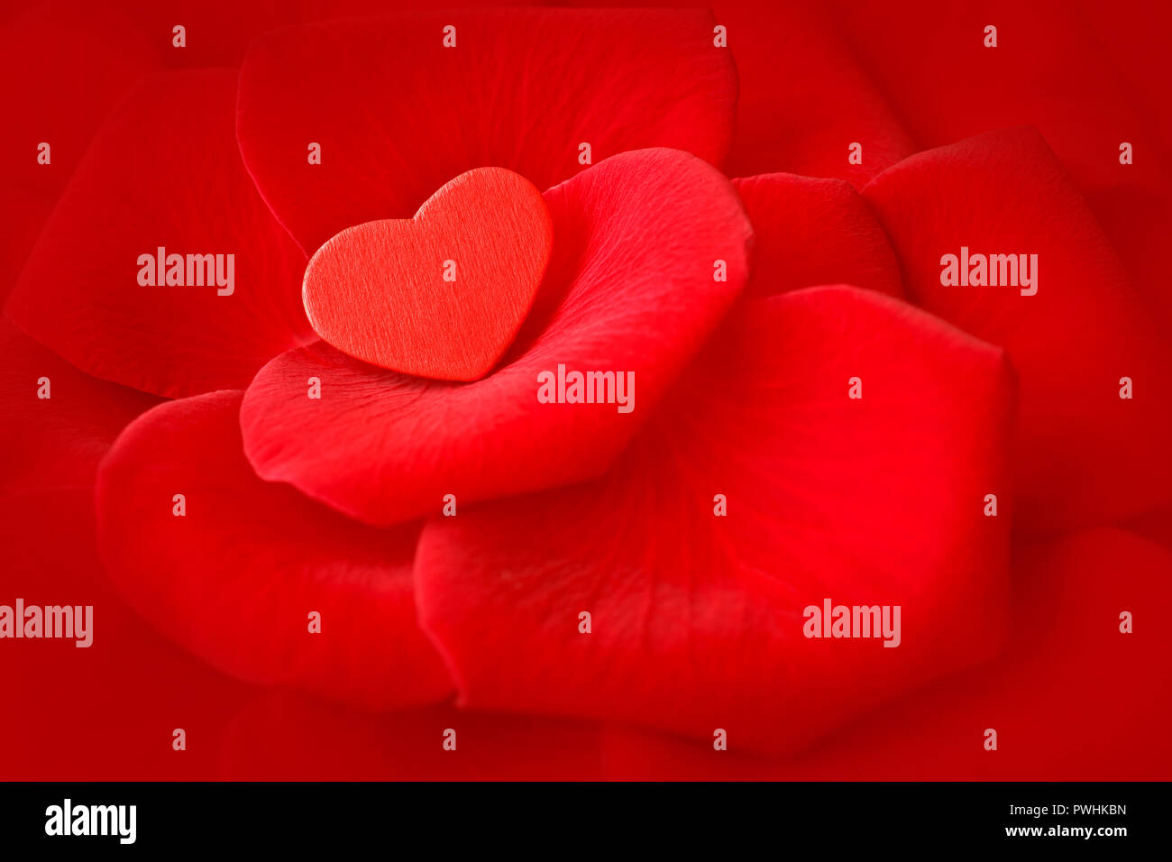 Kleinen roten Herzen auf rosa Blütenblätter. Romantische Hintergrund Textur für einen Valentinstag oder Hochzeitstag Glückwunschkarte mit kopieren. Stockfoto