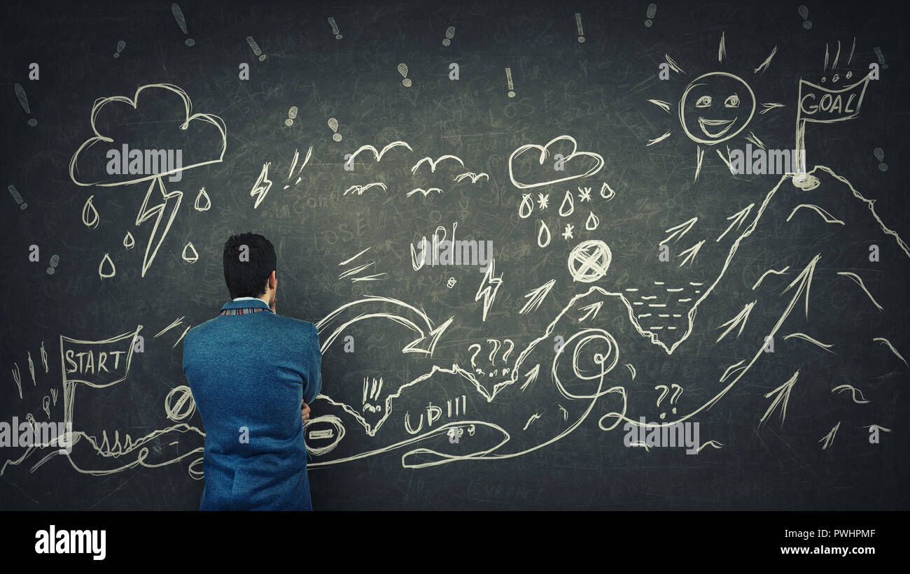 Rückansicht eines verwirrten Geschäftsmann in Fragen vor einer Tafel die schwierige Suche Weg mit Hindernissen zu überqueren. Selbst überwinden, erreichen. Stockfoto
