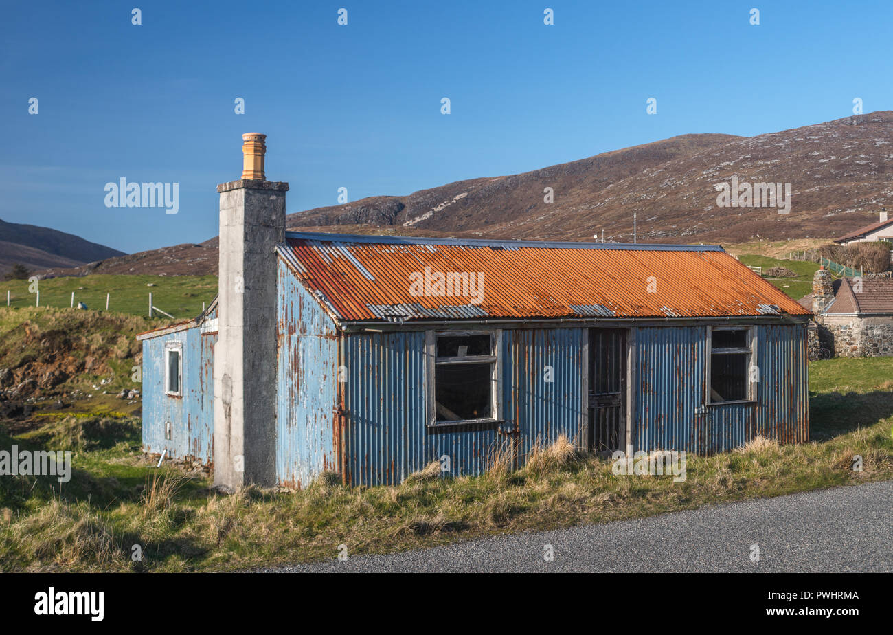Wellblechhütten in Leverburgh, Isle of Harris, Äußere Hebriden, Schottland, UK Stockfoto