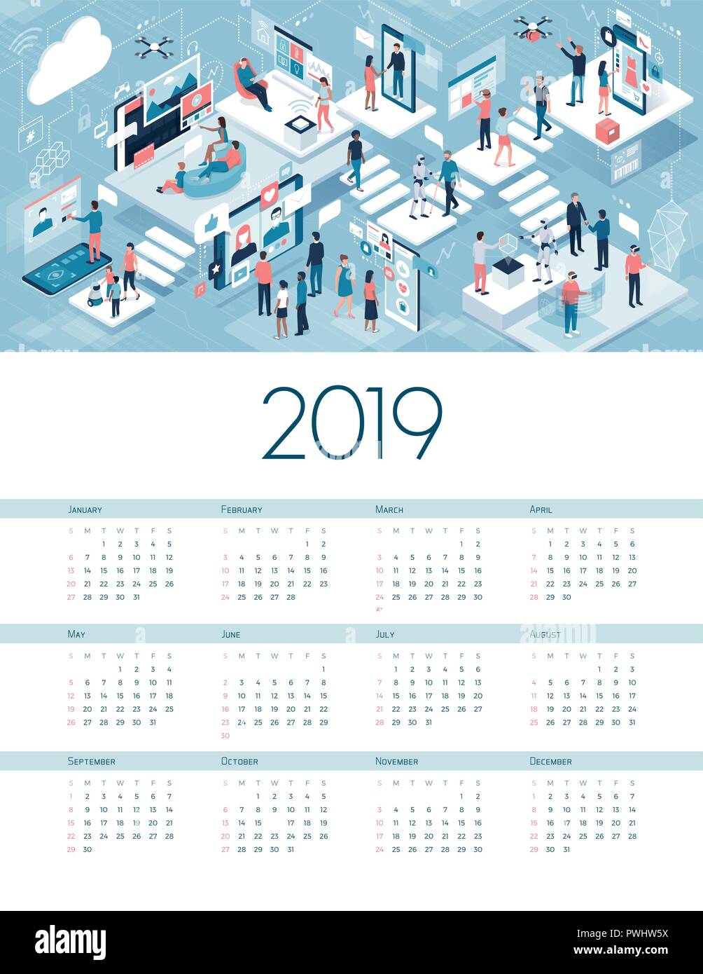 Blockchain der Dinge Kalender 2019: angeschlossene Geräte, Menschen und Netzwerke Stock Vektor