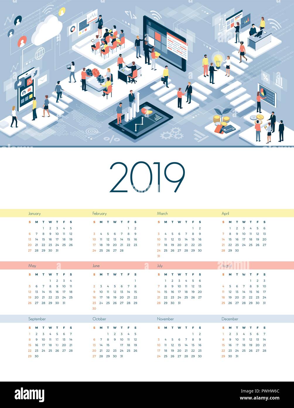 Wirtschaft und Technik Kalender 2019: Geschäftsleute und Entwickler zusammen in einem virtuellen Netzwerk arbeiten Stock Vektor