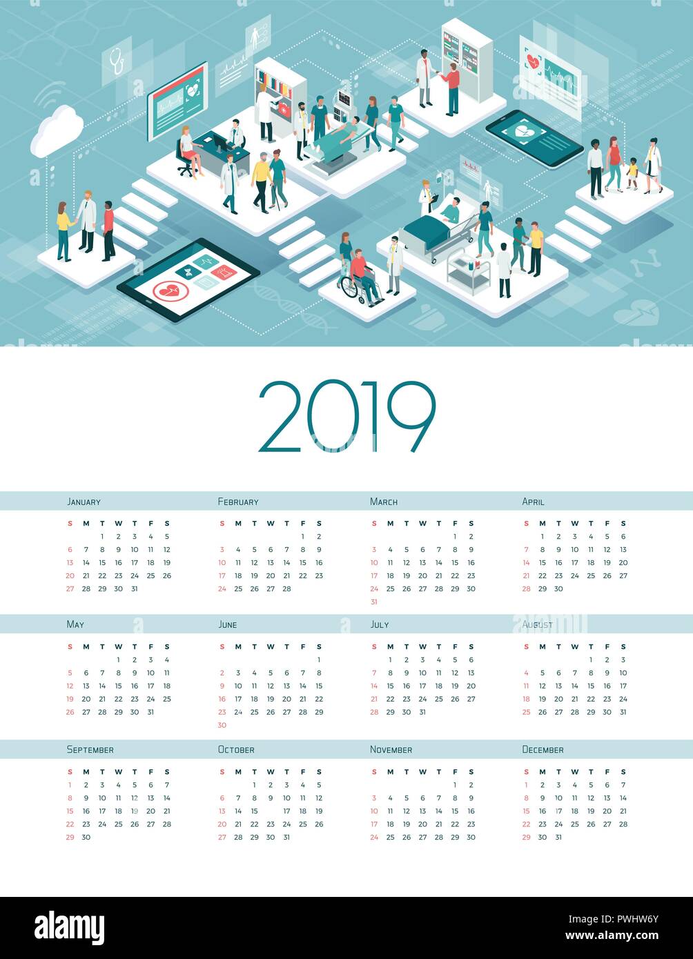 Virtuelles Krankenhaus Kalender 2019: Ärzte und Patienten in einem futuristischen High-Tech-Klinik Stock Vektor