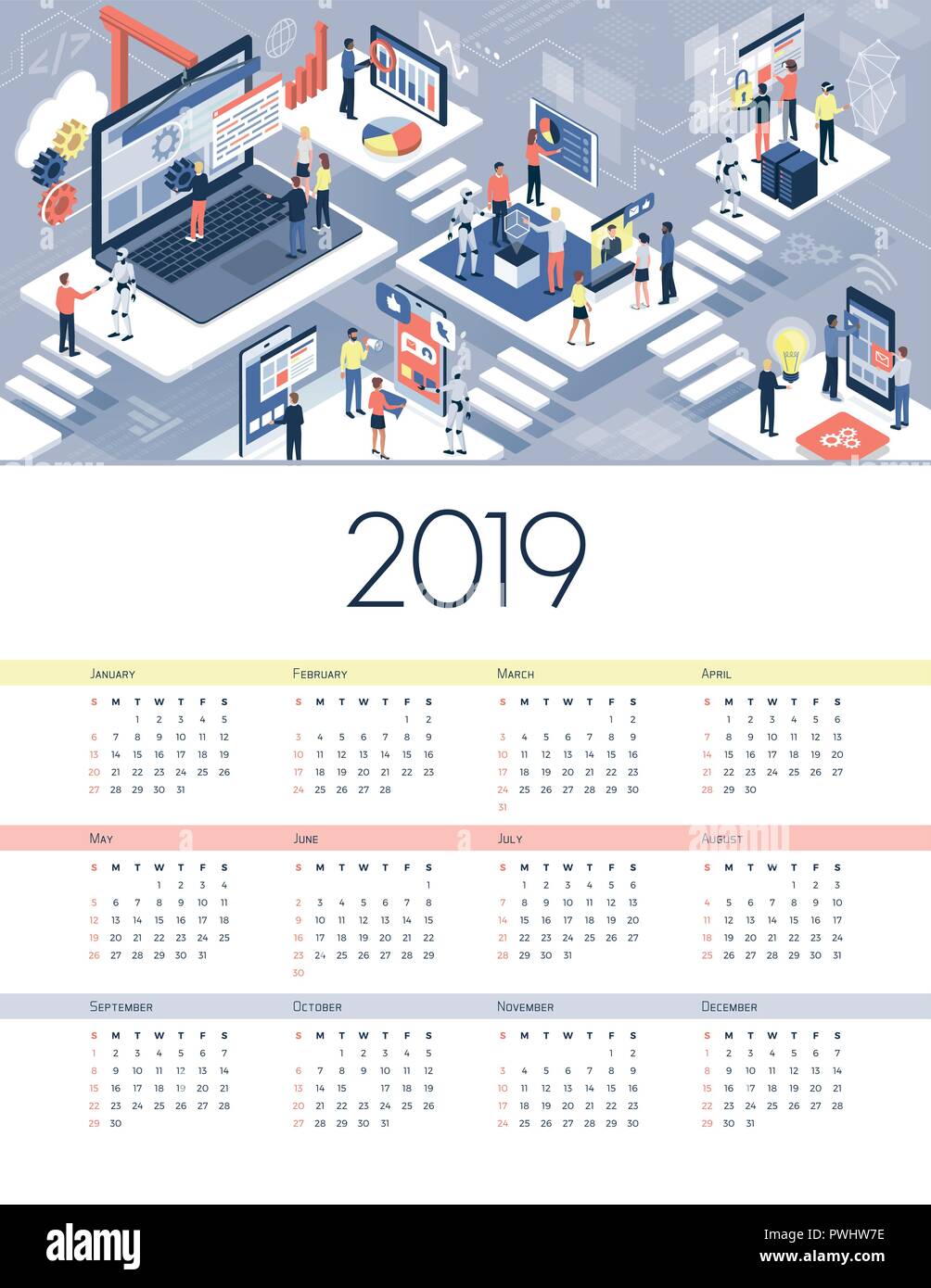 Technologie, VR und Automatisierung Kalender 2019: Personen, die mit den angeschlossenen Geräten und innovativer Technologie Stock Vektor