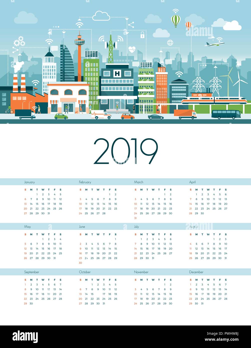 Smart City und Nachhaltigkeit Kalender 2019: Metropolitan City mit Fabriken, Kraftwerken und Fahrzeugen verbunden Stock Vektor