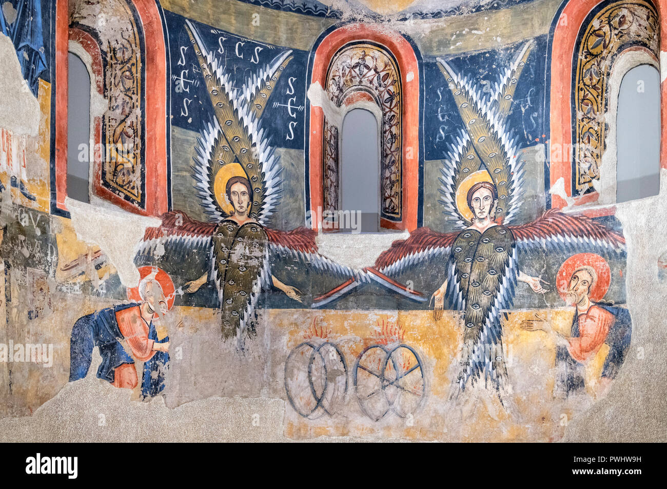 Ausschnitt aus einem Fresko von der Apsis von Santa Maria d'Àneu aus dem Ende des 11. Jahrhunderts und Anfang des 12. Jahrhunderts, auf Leinwand übertragen, Kreis der Meister des Pedret. Stockfoto