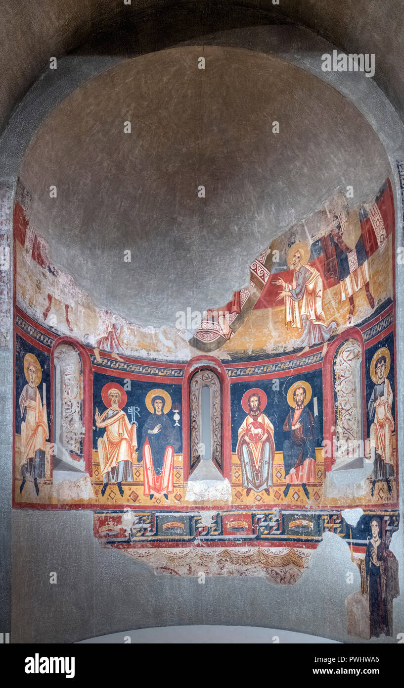 Fresko aus der Apsis des Burgal, früher in der Kirche Sant Pere del Burgal, aus dem Ende des 11. Jahrhunderts und Anfang des 12. Jahrhunderts, auf Leinwand übertragen. Stockfoto